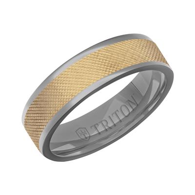 A Triton brand ring band featuring a textured gold center inlay bordered by polished silver-colored metal, shown on a plain white background.