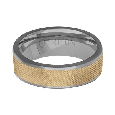 A two-tone metal band ring with a textured yellow-gold center and polished silver-gray edges, featuring the brand name 'TRITON' engraved inside the band, shown on a plain white background.