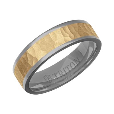 A Triton brand ring featuring a textured gold inlay on a matte gray band, shown at an angle on a plain white background.