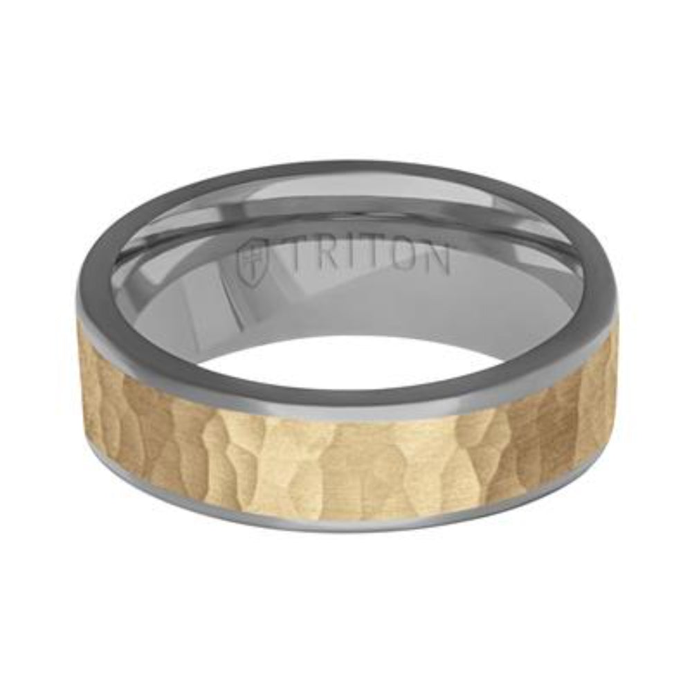 Tungsten ring with wooden inlay and Triton branding on a white background