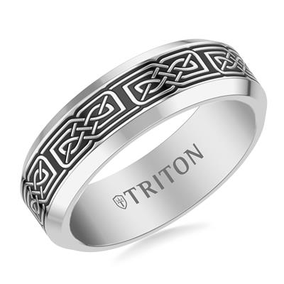 7mm Grey Tungsten Carbide and Black Geometric Ring