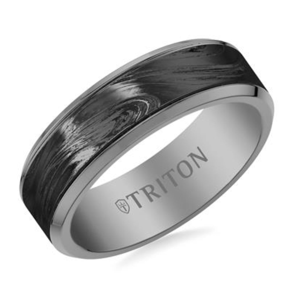 Titanium wedding band with black and silver marbled pattern and 'TRITON' engraving on a white background