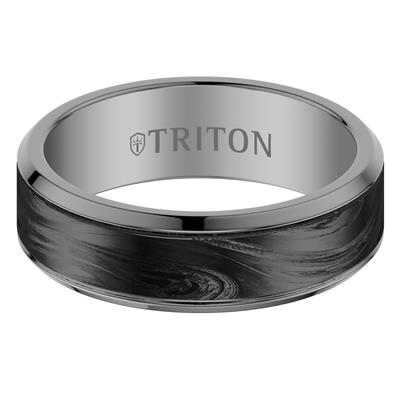 A polished silver-tone metal ring with a black swirled inlay, featuring the brand name 'TRITON' engraved inside the band, shown on a plain white background.