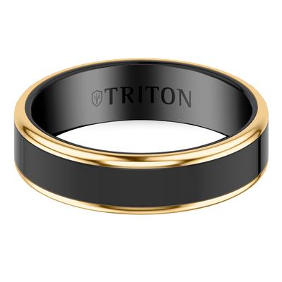 A black and gold ring band with a glossy black center and polished gold edges, featuring the brand name 'TRITON' engraved inside the band, shown on a plain white background.