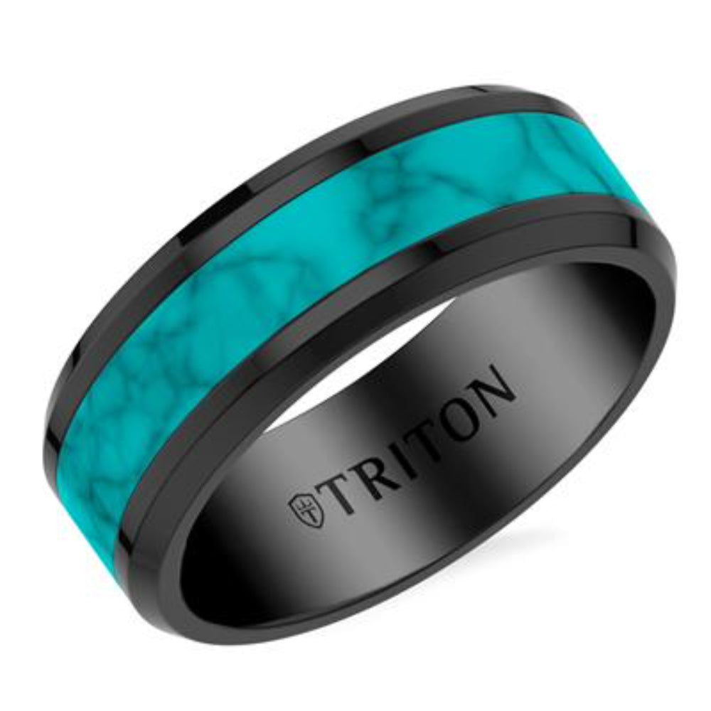 A black metal band ring with a vibrant turquoise inlay, featuring the brand name 'TRITON' engraved inside the band, set against a clean white background.
