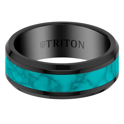 A black ceramic ring band with a vibrant turquoise and white marbled inlay, featuring the brand name 'TRITON' printed inside the band.