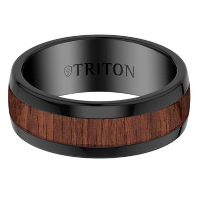 A black ceramic Triton band ring featuring a central brown wood grain inlay, shown on a plain white background.