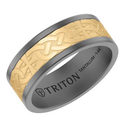 Two-tone ring with gold and black band featuring Triton branding on a white background