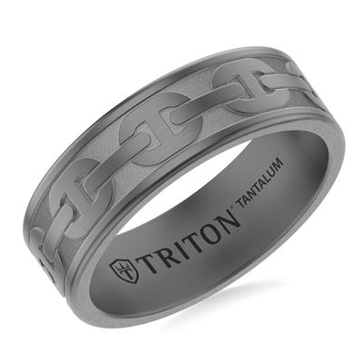Gray tantalum ring with chain design and Triton branding on a white background