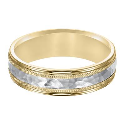 A yellow gold band ring featuring a textured white inlay channel with decorative beaded gold borders on both sides, shown against a plain white background.