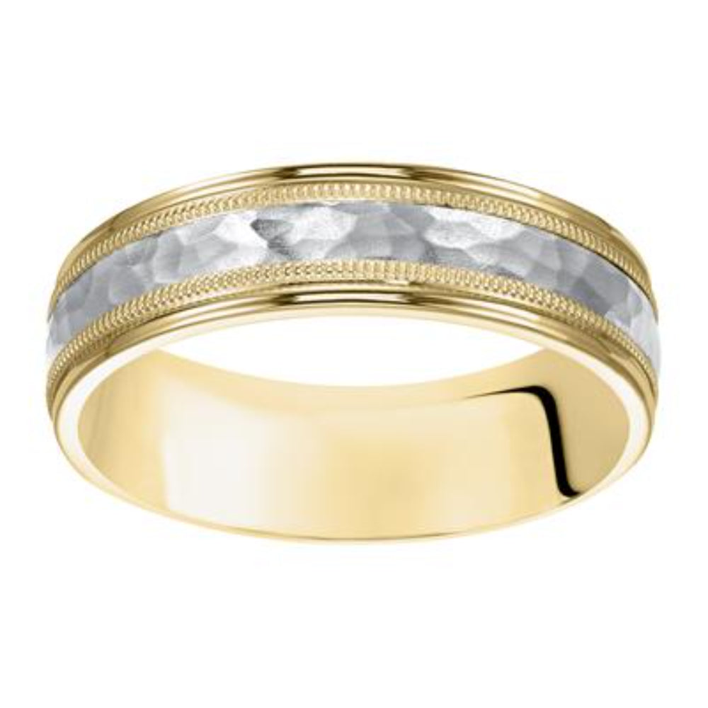 A yellow gold band ring featuring a textured silver inlay, shown on a plain white background.