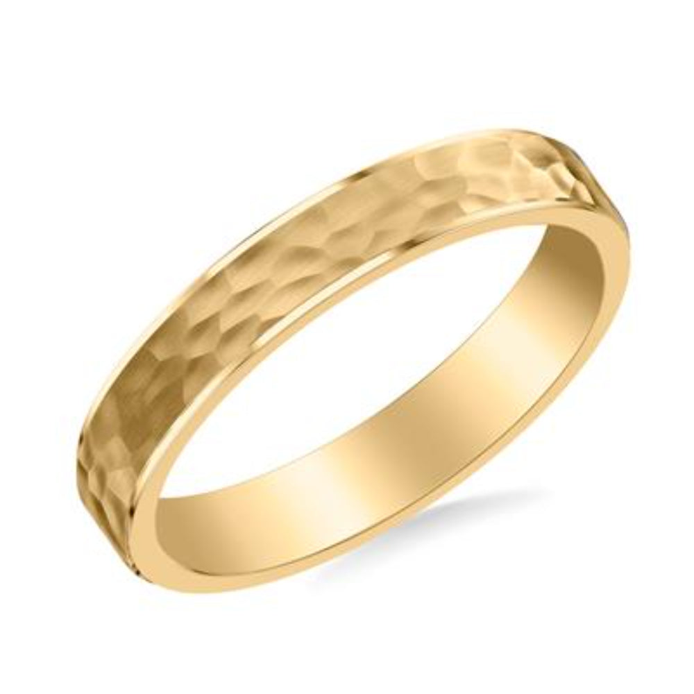 A yellow gold band ring with a hammered textured exterior and a smooth polished interior, shown at an angle on a white background.