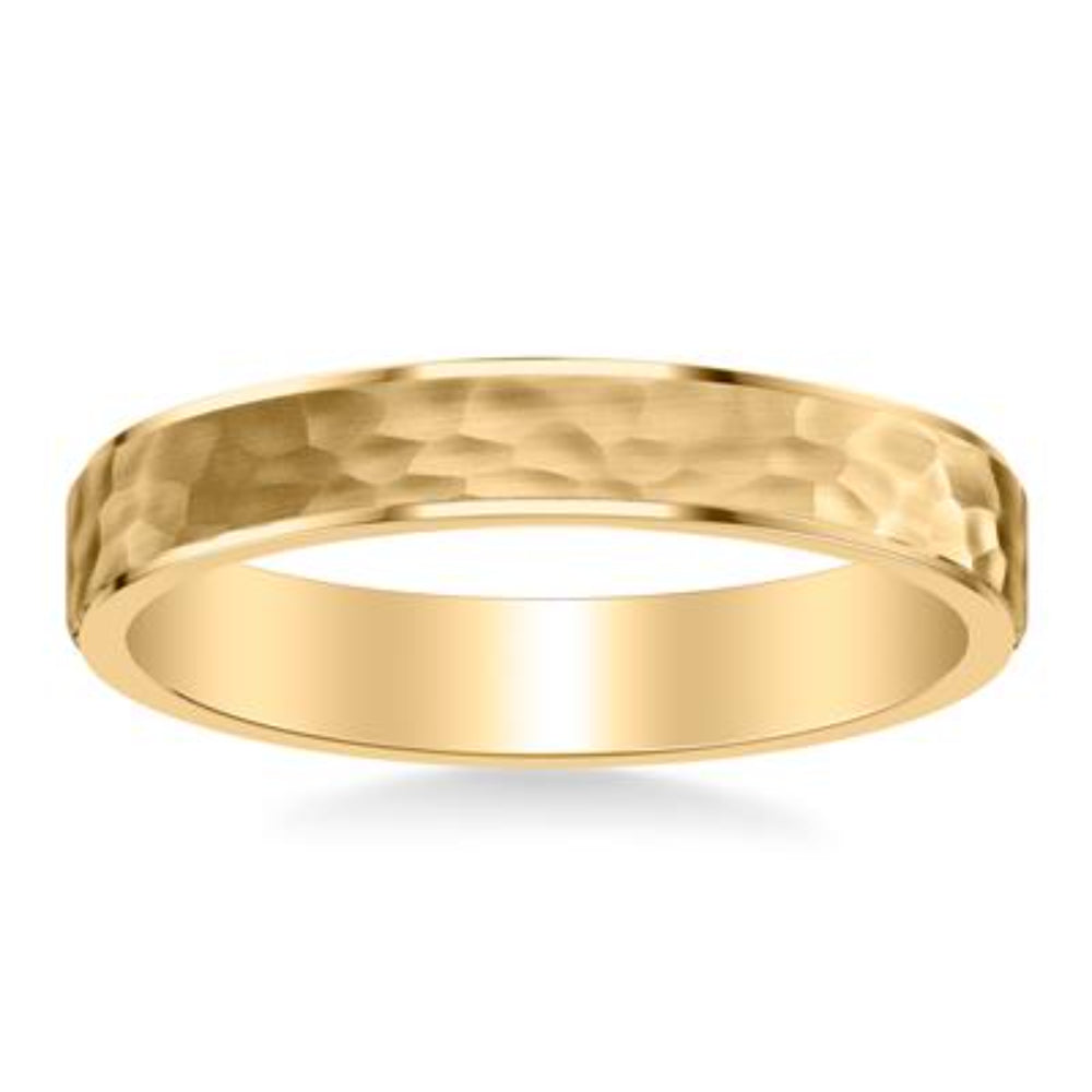 A yellow gold band ring with a hammered texture on the outer surface and a smooth polished finish on the inner band, shown against a plain white background.