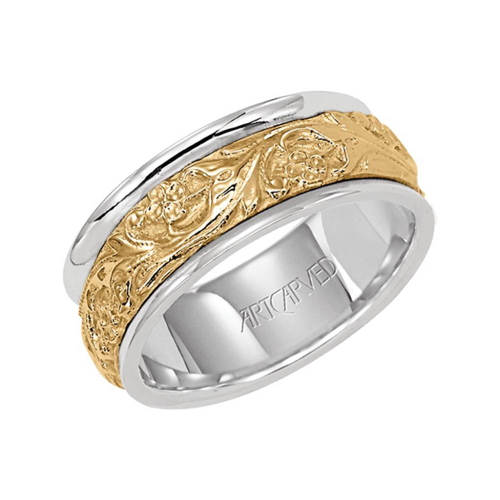 Men's 14k Two-Tone 8mm Flat Round Edge Carved Wedding Band