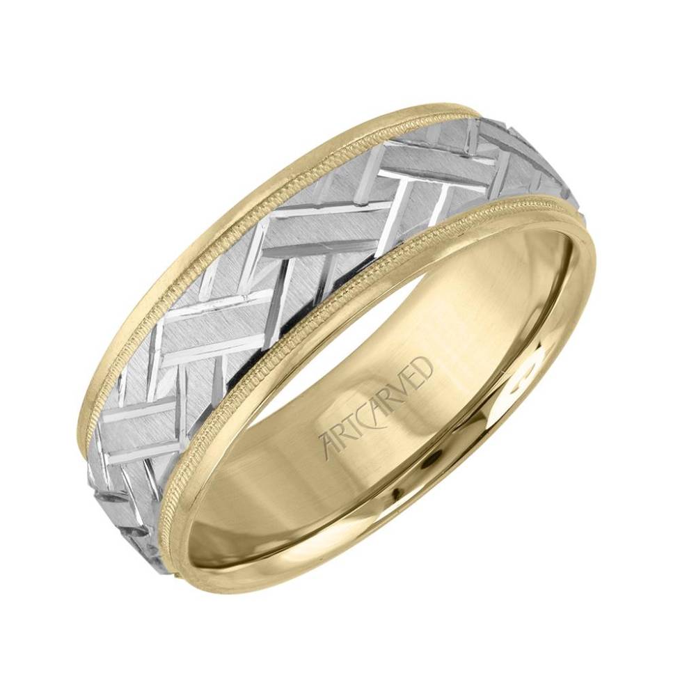 Men's 14k Two-Tone 7mm Low Dome Round Edge Carved Wedding Band