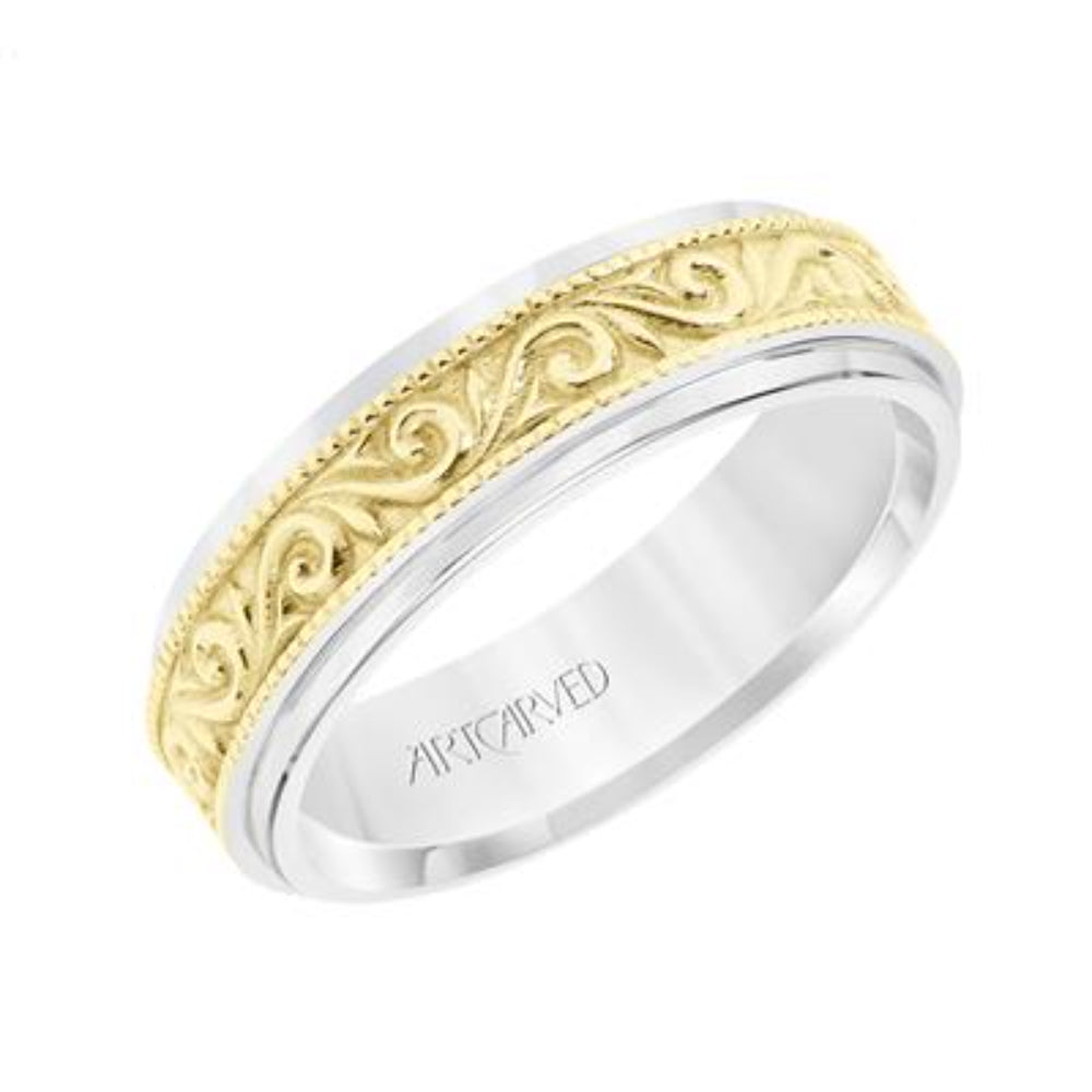 Men's 14k Two-Tone Carved Wedding Band with Paisley Design