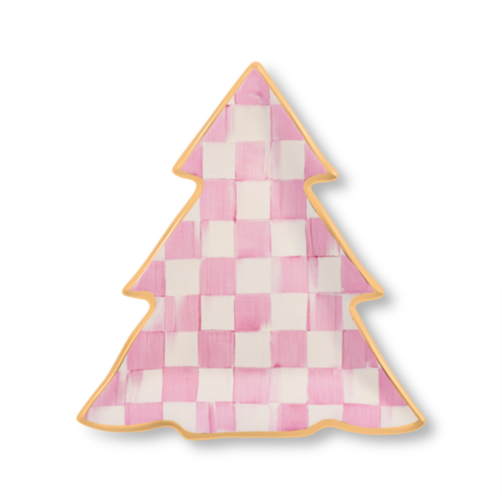 A Christmas tree-shaped decorative plaque or sign featuring a pink and white checkerboard pattern with a light gold border, shown on a clean white background.