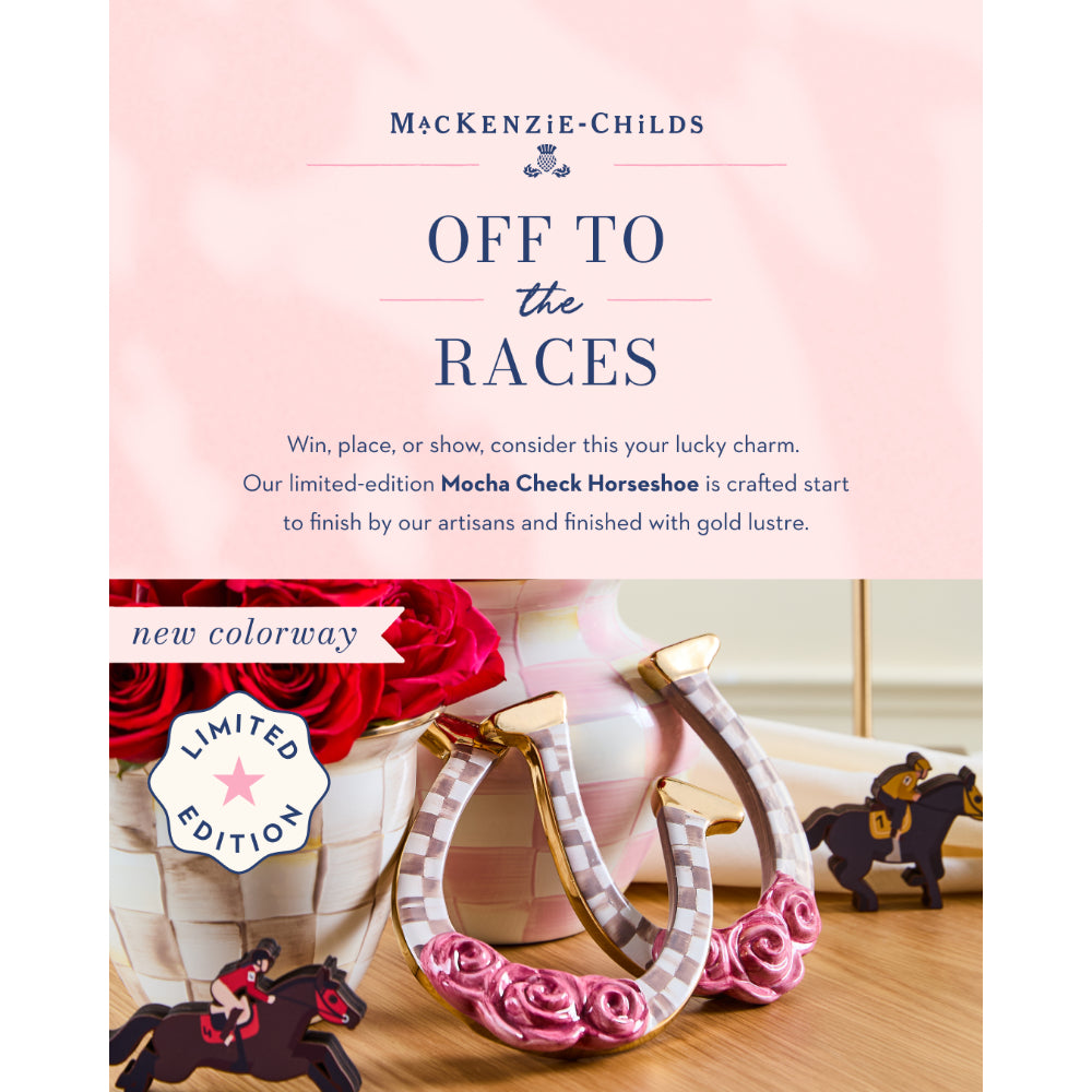 Mackenzie-Childs Mocha Check Horseshoe with roses on a pink background, featuring text about the product.