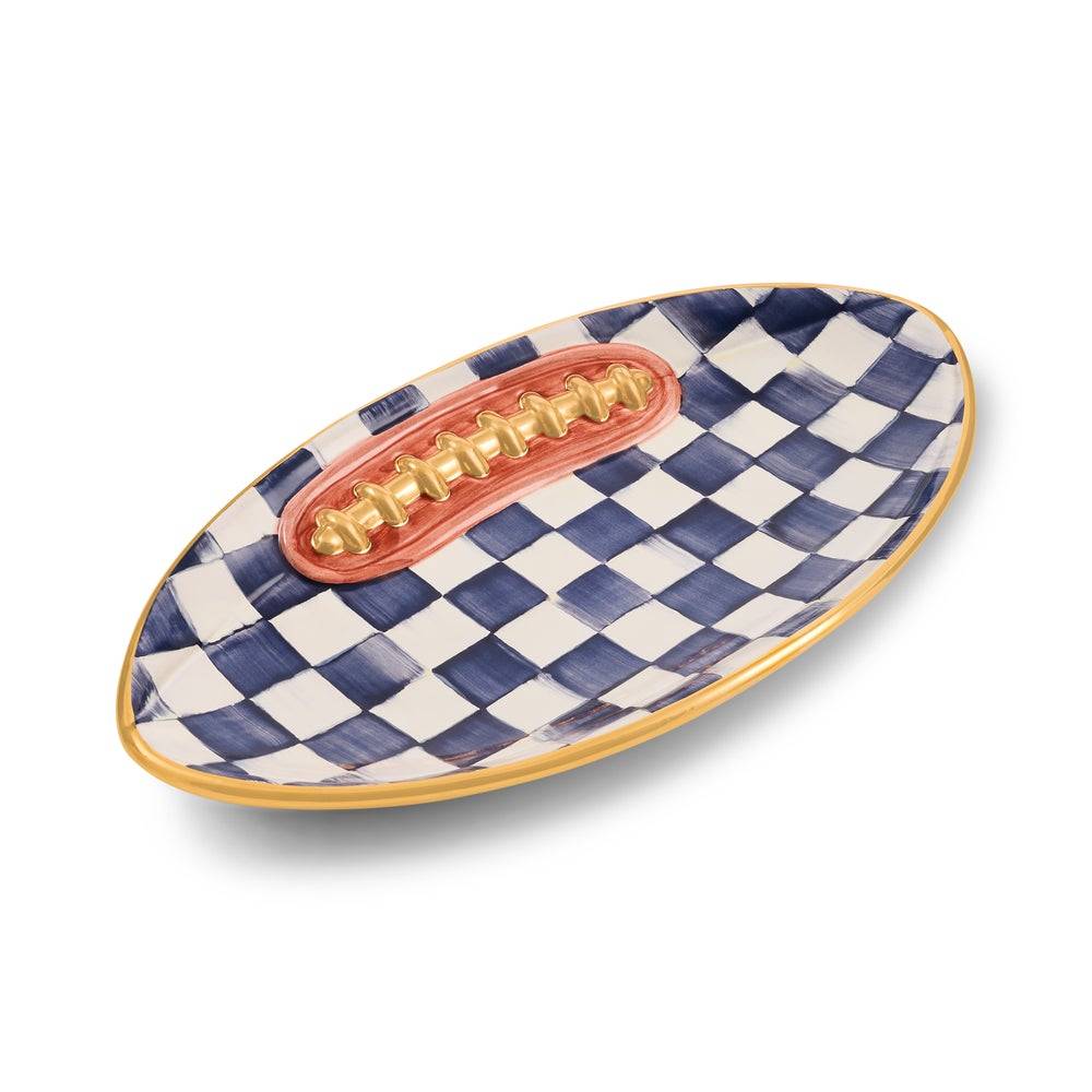 MacKenzie-Childs Indigo Check Ceramic Football Platter on a white background