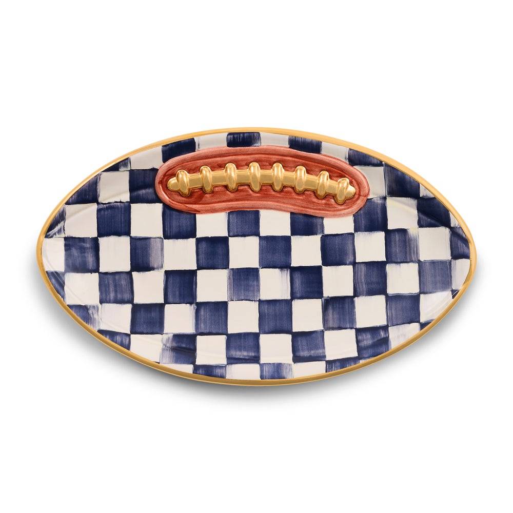 MacKenzie-Childs Indigo Check Ceramic Football Platter on a white background