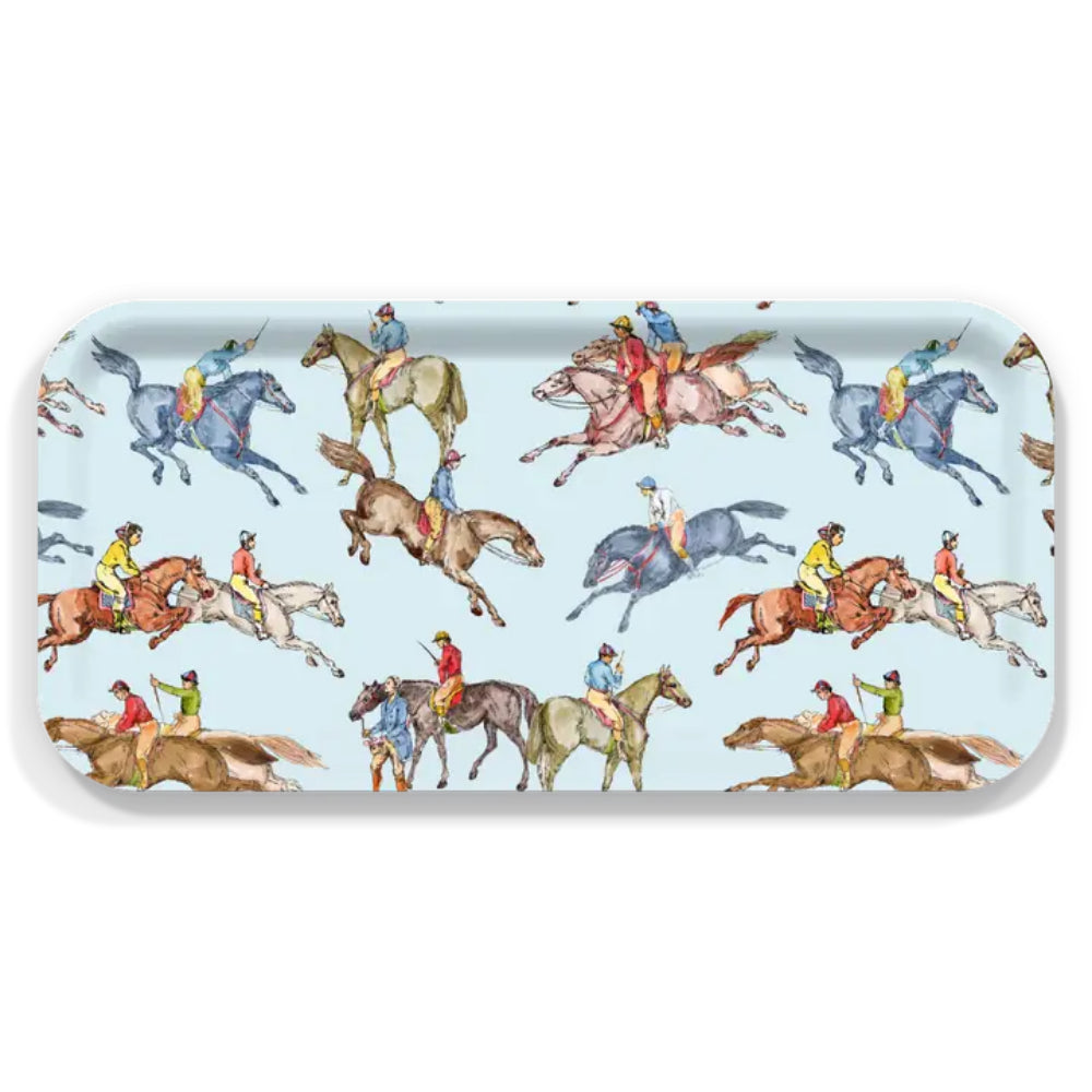 A blue serving tray with jockeys and horses on a white background. 