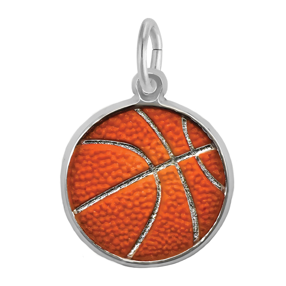 Basketball charm with orange surface and silver border on a white background