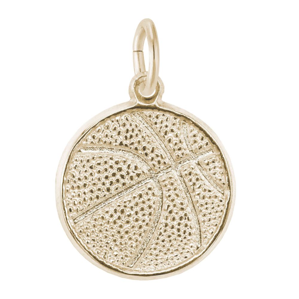 A textured gold basketball shaped charm on a plain white background