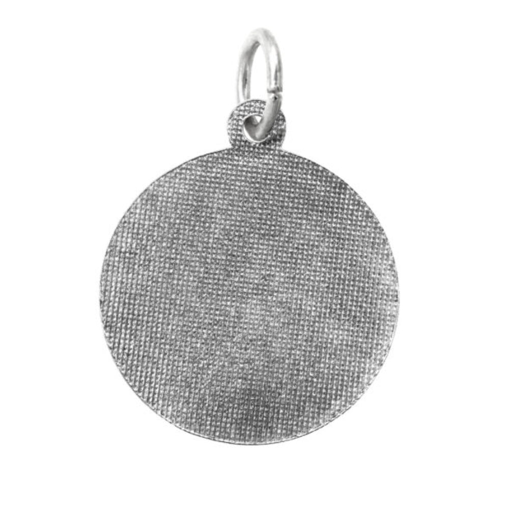 Silver textured round charm on a white background