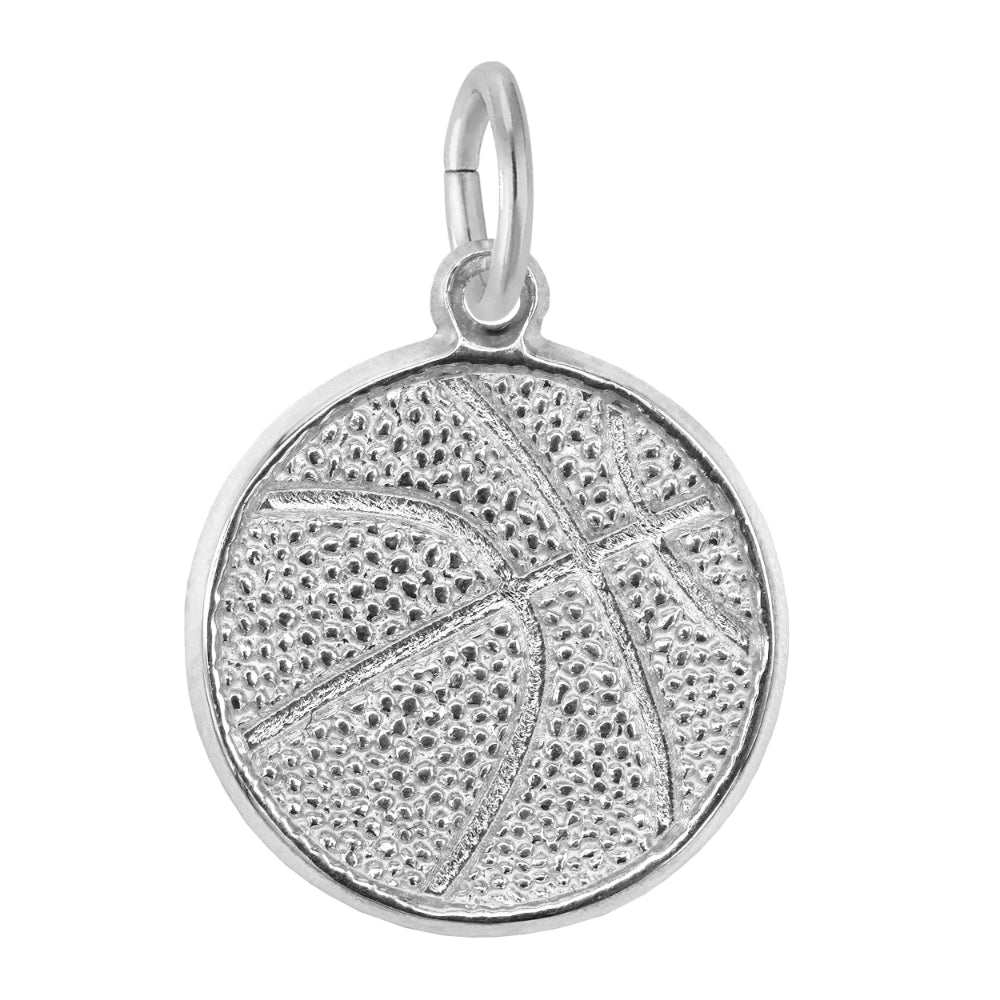 A textured silver basketball shaped charm on a plain white background