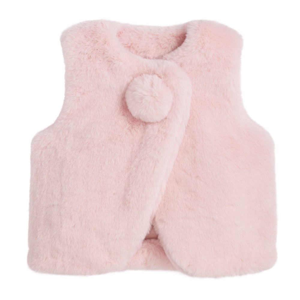 Pink fluffy vest with a button on the front on a white background.