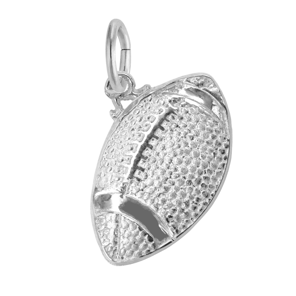 A silver football-shaped charm with a textured surface, shown on a plain white background.
