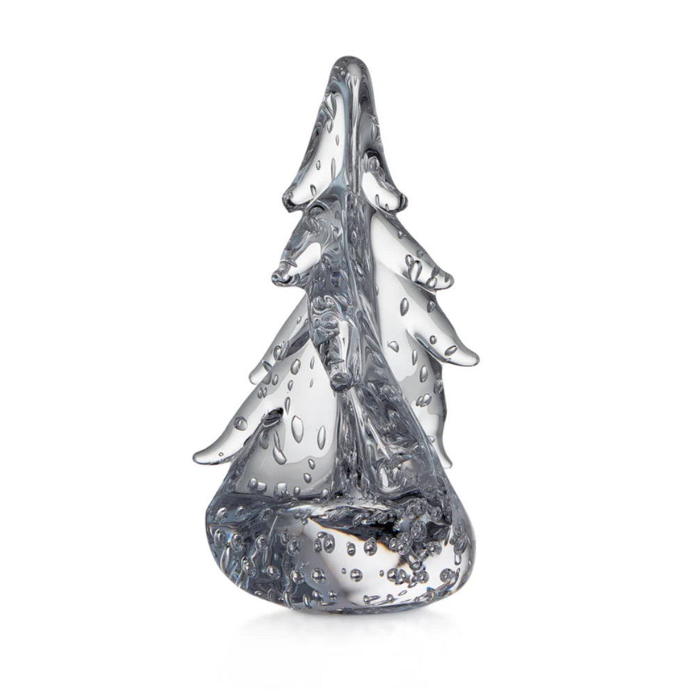 Clear glass Christmas tree display on a white background