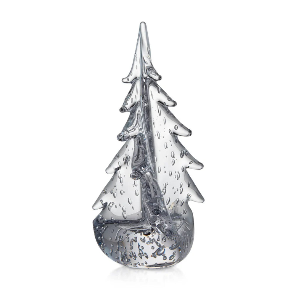 Clear glass Christmas tree display on a white background