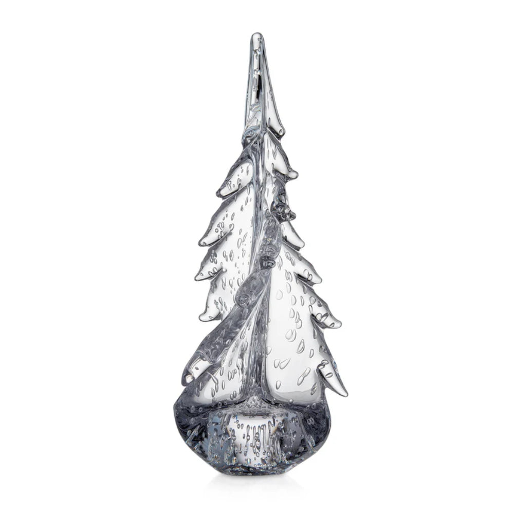 Clear glass Christmas tree display on a white background