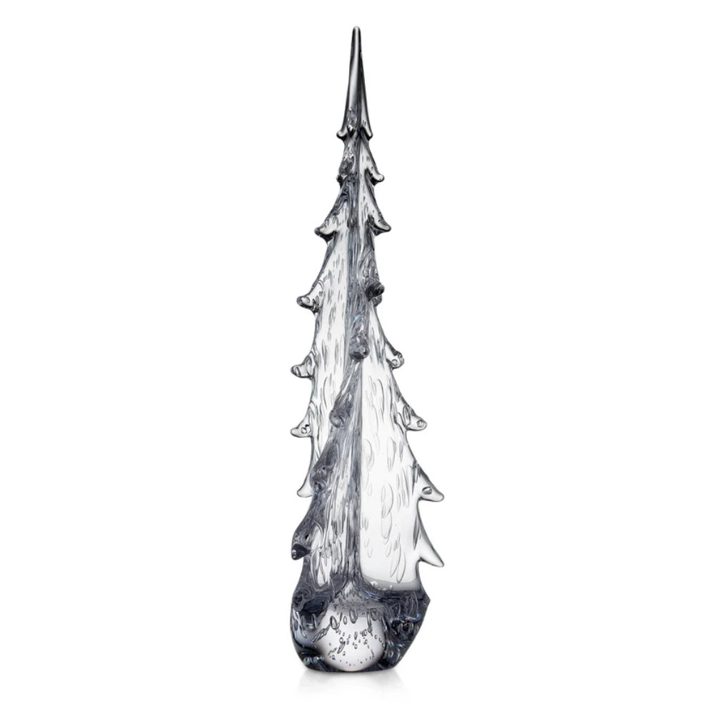 Clear glass Christmas tree display on a white background