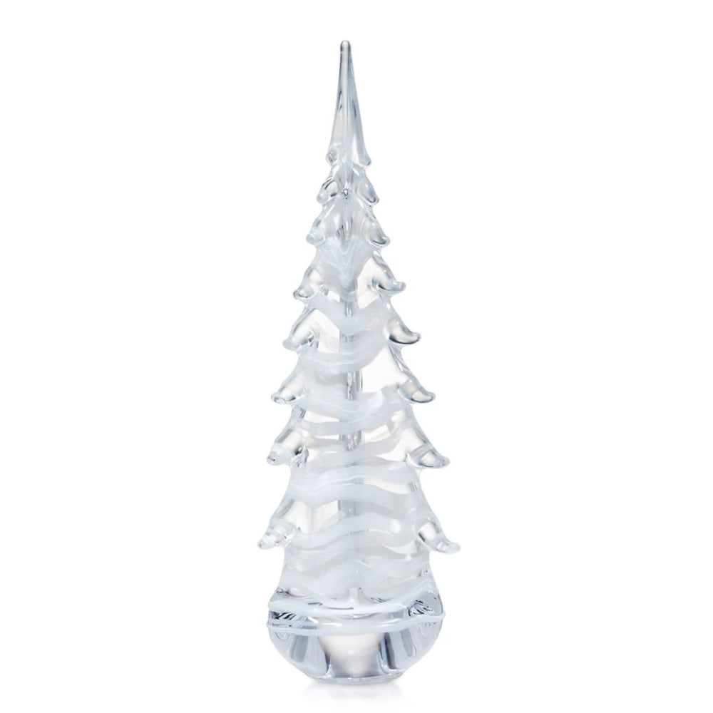 Clear glass Christmas tree display on a white background