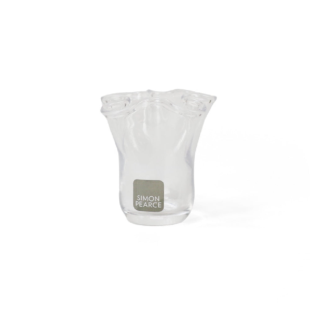 Clear glass bud vase for a Simon Pearce promotional mothers day gift with purchase on a white white background 