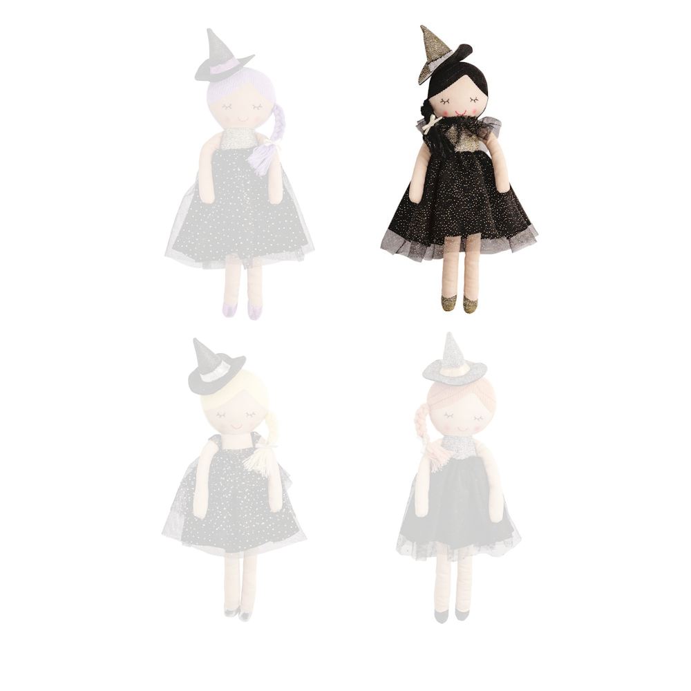 Black witch-themed dolls with black hair with black dress and hat on a white background.