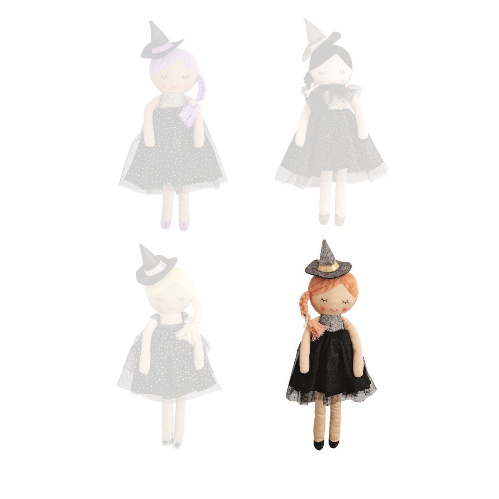 Orange witch-themed dolls with orange hair with black dress and hat on a white background.