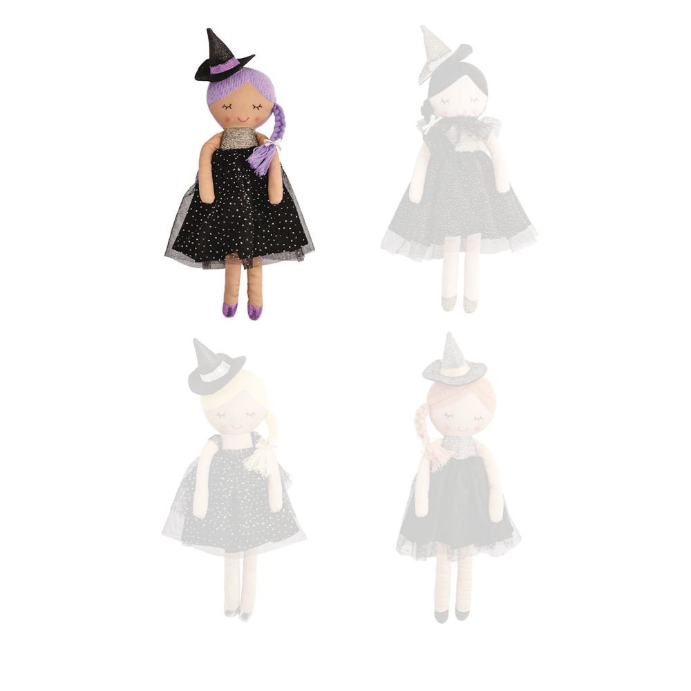Purple witch-themed dolls with purple hair with black dress and hat on a white background.