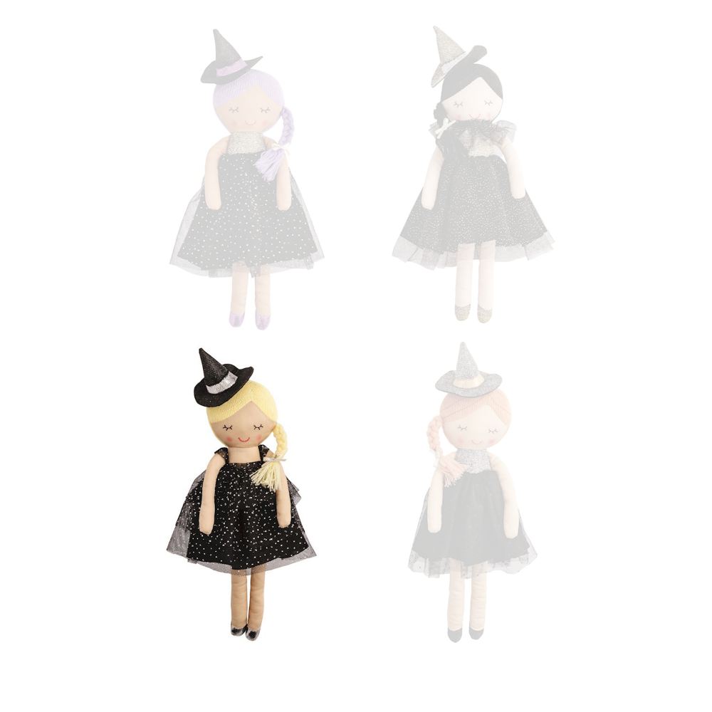 Blonde witch-themed dolls with blonde hair with black dress and hat  on a white background.