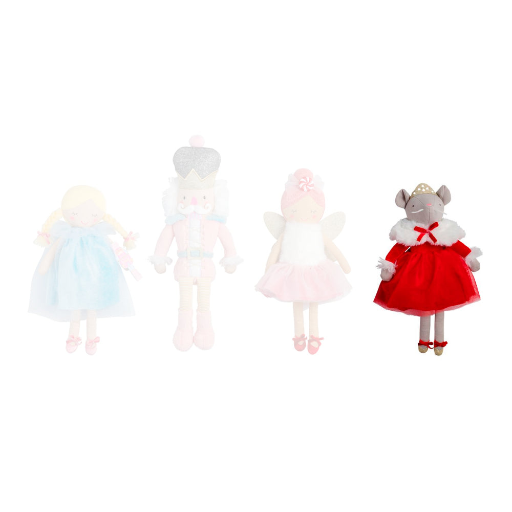 Mouse holiday nutcracker ballet themed doll in a red dress gold crown  on a white background.