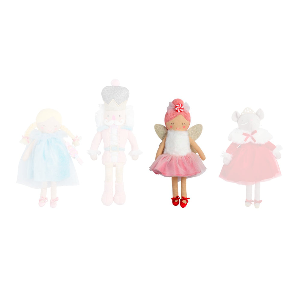 Fairy holiday nutcracker ballet themed doll in a pink dress, white top and red shoes a on a white background.