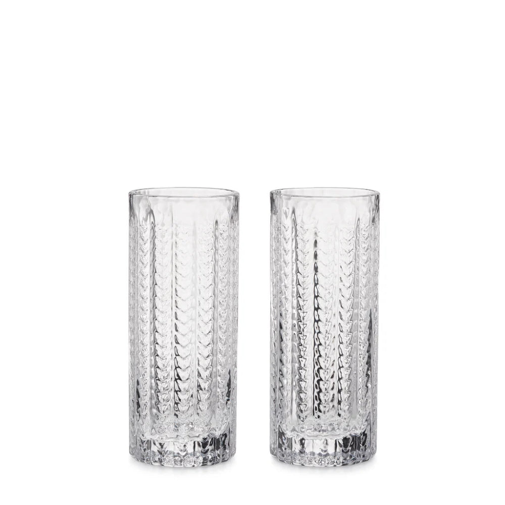 Two clear textured glass tumblers with vertical ribbed patterns, shown side by side on a white background.