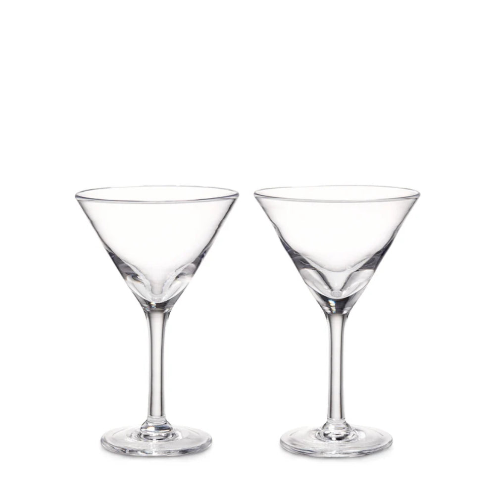 Two clear martini-style cocktail glasses with conical bowls, slender stems, and round bases, photographed on a clean white background.