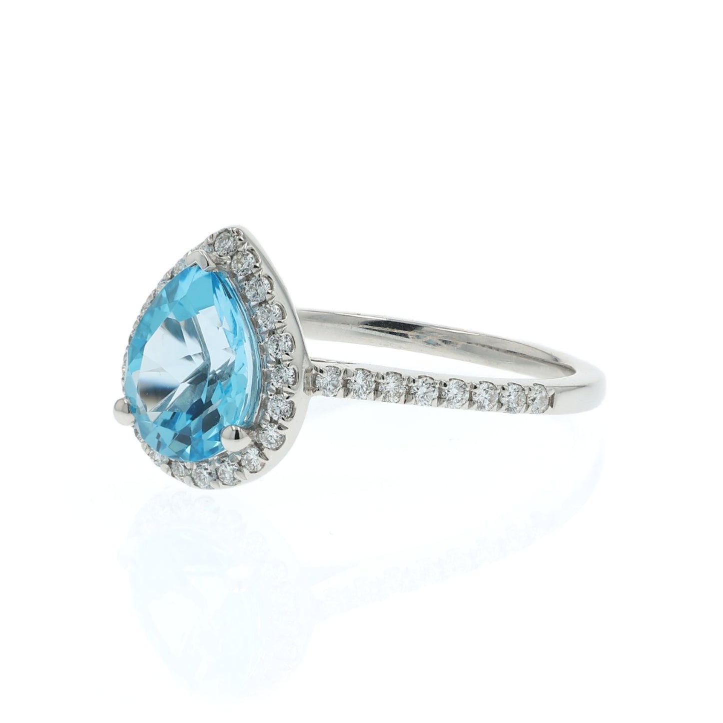 14k Gold Pear Shape Blue Topaz and Diamond Halo Ring