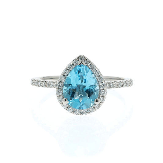14k Gold Pear Shape Blue Topaz and Diamond Halo Ring