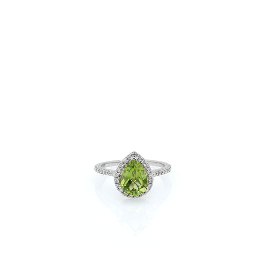 14k White Gold Pear Shape Peridot and Diamond Halo Ring