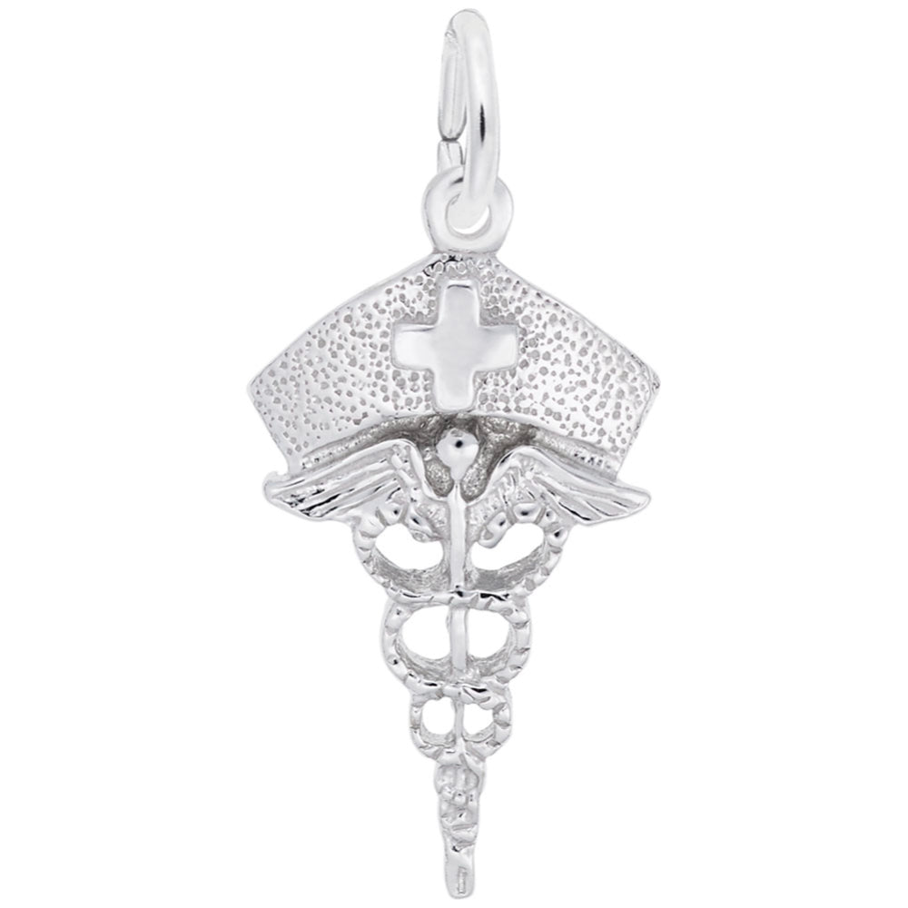 Silver medical cross charm on a white background
