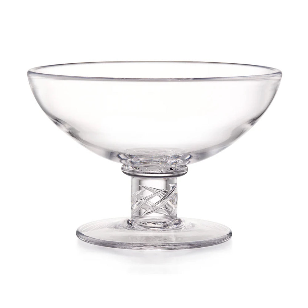 Clear glass bowl or candy dish with a wide shallow bowl, stem, and round base on a white background.